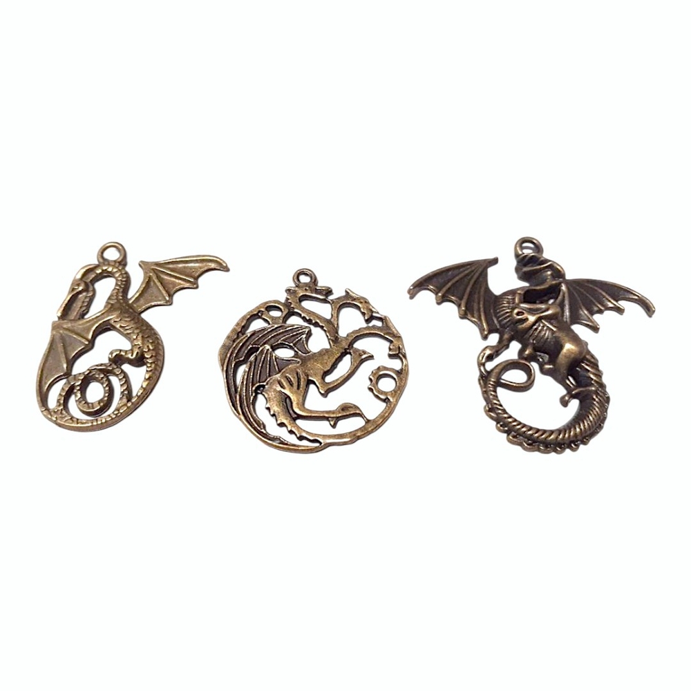 3PC Dragons Bronze / Brass Focal Charms for Jewelry Making & Crafts